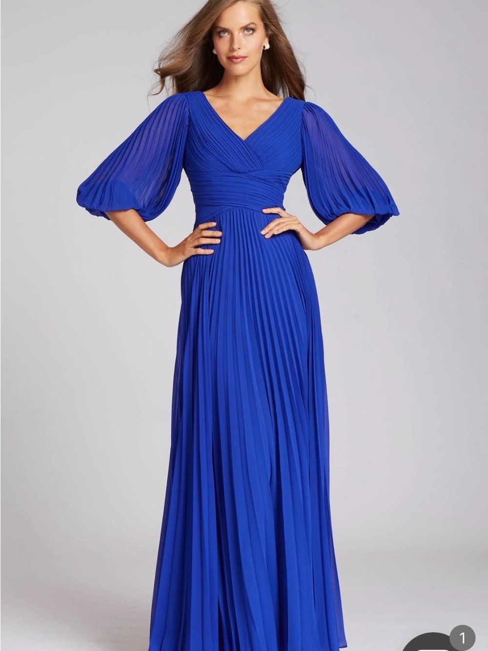 Teri Jon Cobalt Blue Pleated V-Neck Maxi Dress-altered.